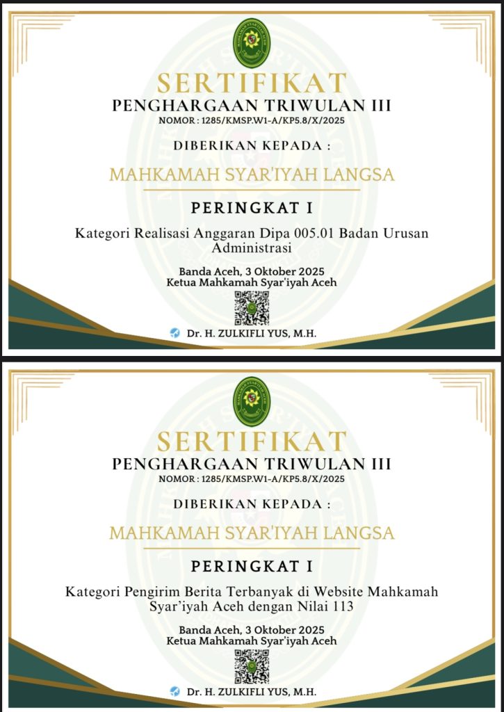 Mahkamah Syar’iyah Langsa Raih 2 (dua) Penghargaan di Triwulan III Tahun 2025